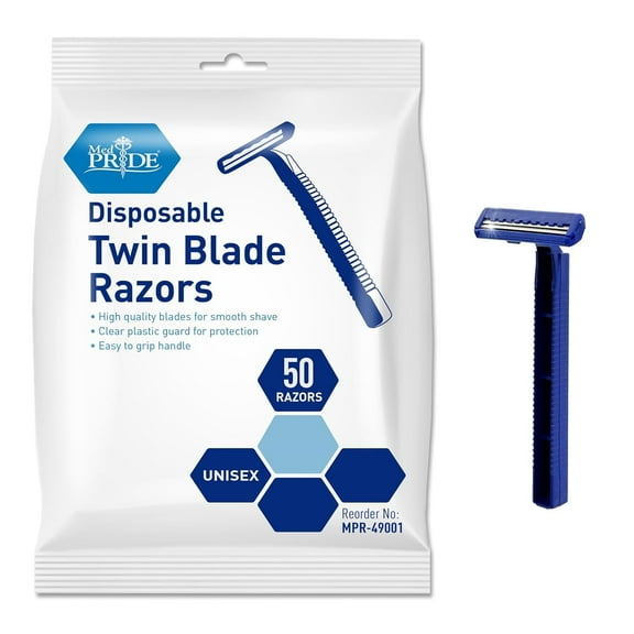 MED PRIDE Disposable Razors 50-Pack – Twin Blade Shaving Razors with Easy Grip Handle for Men & Women, Smooth Double Edge Razor Blades