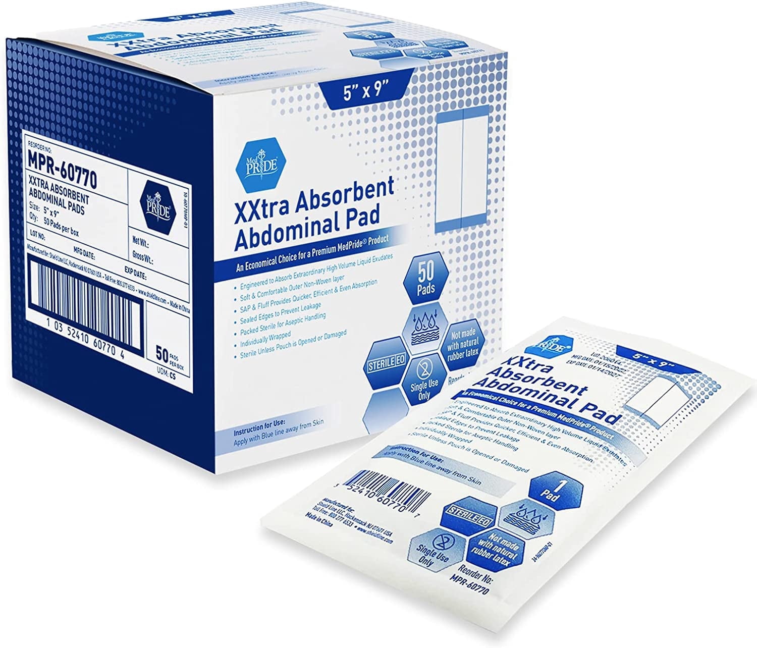 MedPride Sterile Abdominal Pads 5 x 9 Inch, 50 Count, Extra Absorbent ABD Wound Dressing Pads for Heavy Drainage, Non-Adherent Surgical Pads