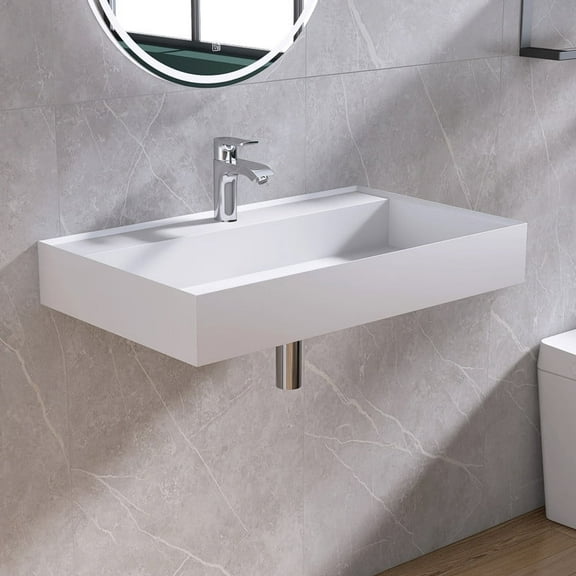 MEDUNJESS 31" Wall Mount Bathroom Vanity, Modern Stone Resin Bathroom Floating Vanity with Single Faucet Hole, Matte White