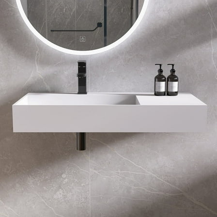 MEDUNJESS 36" Premium Wall Mounted Stone Resin Rectangular Vessel Sink, Modern Floating Bathroom Sink for Vanity, Art-Left Basin Trough, Durable and Stylish Bathroom Sink with Faucet Hole