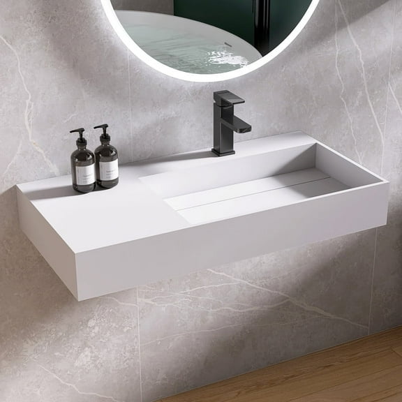 MEDUNJESS 36" Premium Wall Mounted Stone Resin Rectangular Vessel Sink, Modern Floating Bathroom Sink for Vanity, Art-Right Basin Trough, Durable and Stylish Bathroom Sink with Faucet Hole