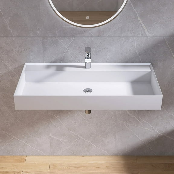 MEDUNJESS 39" Wall Mount Bathroom Vanity, Modern Stone Resin Bathroom Floating Vanity with Single Faucet Hole, Matte White