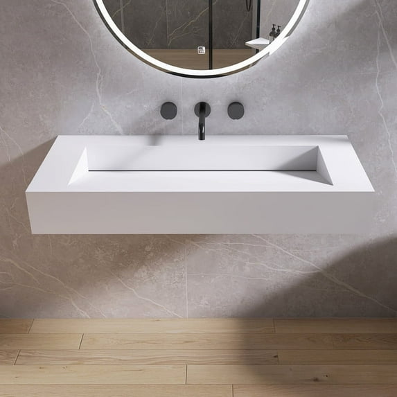 MEDUNJESS 42" Vessel Sink Wall-Mount Bathroom Sink V-Shaped Floating Sink Stone Resin in Matte White