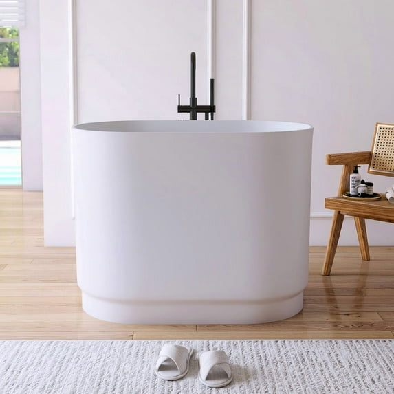 MEDUNJESS 43" Freestanding Solid Surface Resin Stone Small Bathtub, Modern Design Freestanding Tub with Pop-up Drain and Overflow, Matte White