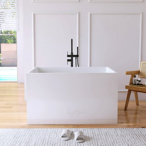 MEDUNJESS 43" Freestanding Tub Acrylic Freestanding Soaking Bathtub With Seat，Ergonomic(White)