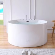 MEDUNJESS 47 Round Freestanding Whirlpool Bathtub Acrylic Soaking Tub with Overflow Drain & Faucet in Gloss White