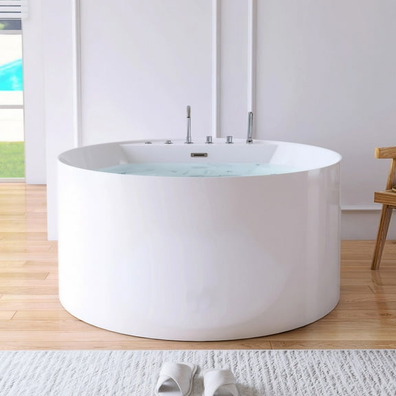 MEDUNJESS 47" Round Freestanding Whirlpool Bathtub Acrylic Soaking Tub with Overflow Drain & Faucet in Gloss White