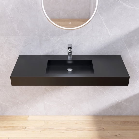 MEDUNJESS 47" Wall Mount Rectangle Vessel Sink with Faucet Hole, Modern Stone Resin Washing Art Basin,Black