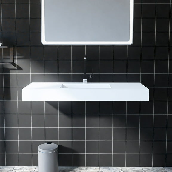 MEDUNJESS 47" Wall Mount Rectangle Vessel Sink with Faucet Hole, Modern Stone Resin White Washing Art Basin, Matte White