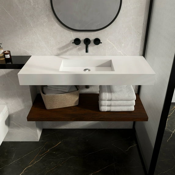 MEDUNJESS 47" x 19" Wall Mount Bathroom Sink, Matte White Modern Floating Stone Resin Vanity Sink Washing Sink Art Basin