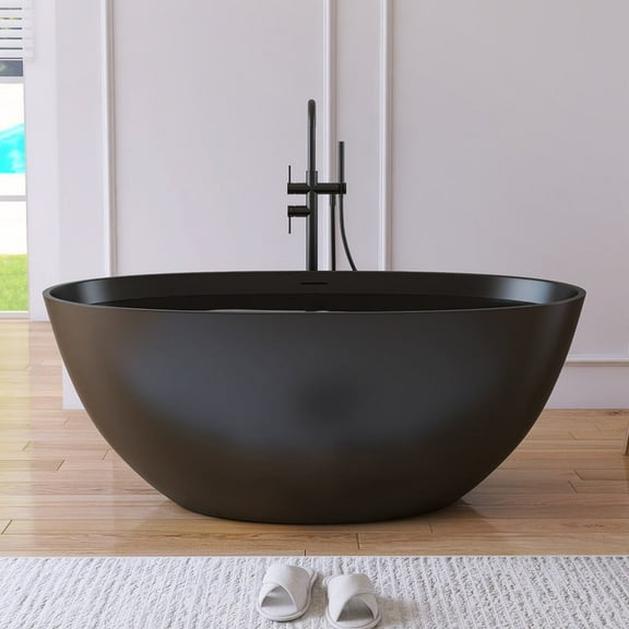 MEDUNJESS 55" Solid Surface Resin Freestanding Bathtub, Modern Stone Resin Soaking Tubs Freestanding Bathtub, Matte Black