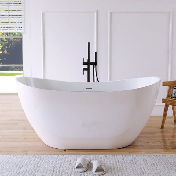 MEDUNJESS 6029 Inch Upgrade Acrylic Freestanding Bathtub, Stand Alone Soaking Tub in White