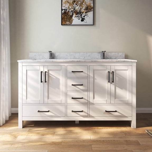 MEDUNJESS 60" Premium Bathroom Vanity with Double Basins Sink & Faucet Hole, Bathroom Storage Vanity Sink Cabinet with 4 Doors 6 Drawers, Wooden Freestanding Bathroom Cabinet in White