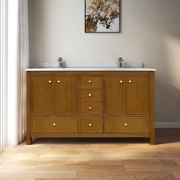 MEDUNJESS 60" Premium Double Sinks Bath Vanity Cabinet in Brown Oak with Calacatta Marble Countertop & Faucet Hole