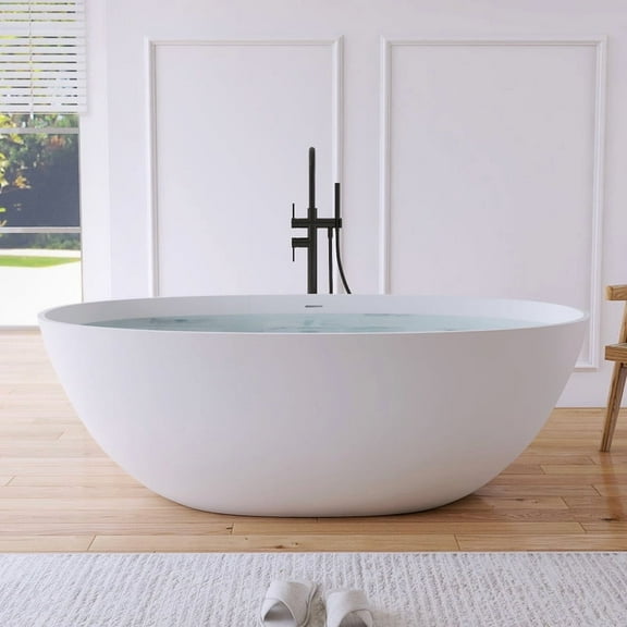 MEDUNJESS 65" Freestanding Solid Surface Resin Stone Bathtub, Modern Stand Alone Tub Free standing Tub with Pop Up Drain and Overflow, Matte White