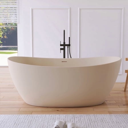 MEDUNJESS 65" Premium Unique Cream Solid Surface Stone Resin Freestanding Bathtub, Modern Design Stand Alone Tub Soaking Tub with Overflow and Pop up Drain