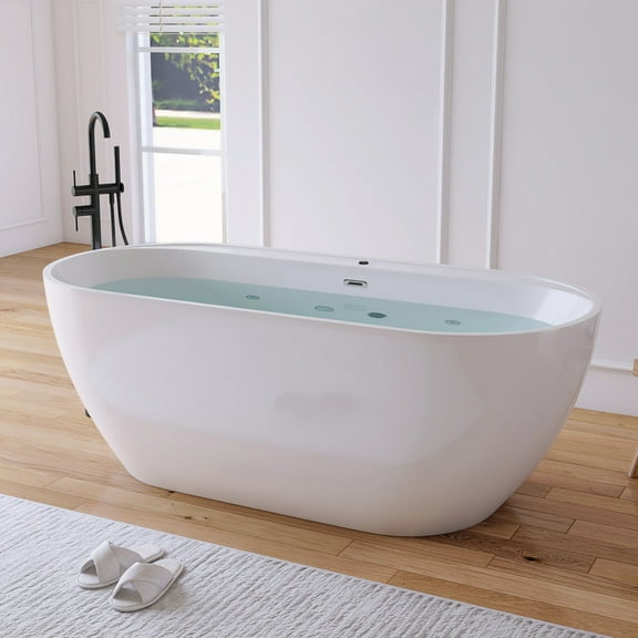 MEDUNJESS 67" Freestanding Air Jet Whirlpool Bathtub Luxury Acrylic Soaking Tub with Overflow and Drain,White