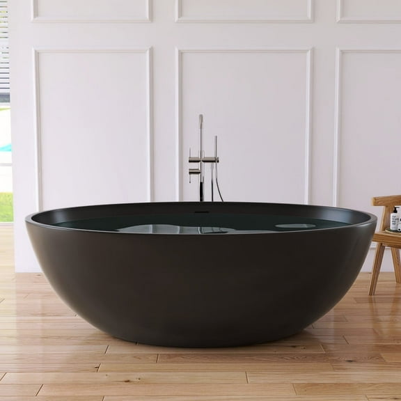 MEDUNJESS 67" Large Space Free Standing Tub, Solid Surface Stone Resin Soaking Tub with Drain with Overflow, Matte Black