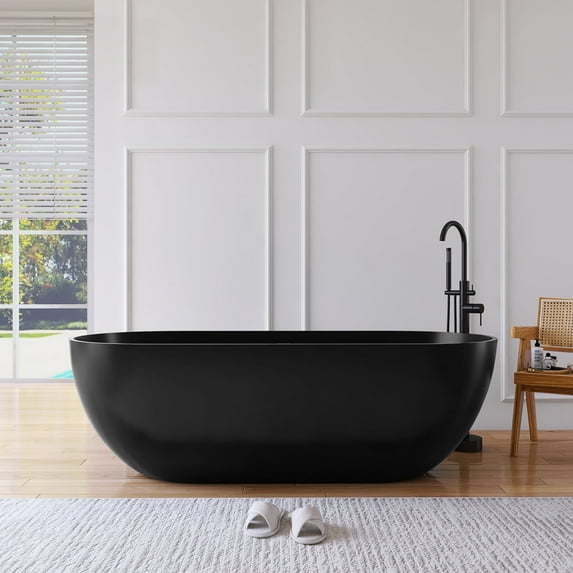 MEDUNJESS 69" Freestanding Bathtub, Oval Shaped Stone Resin Freestanding Bathtub Modern Stand Alone Tub with Pop Up Drain and Overflow, Matte Black