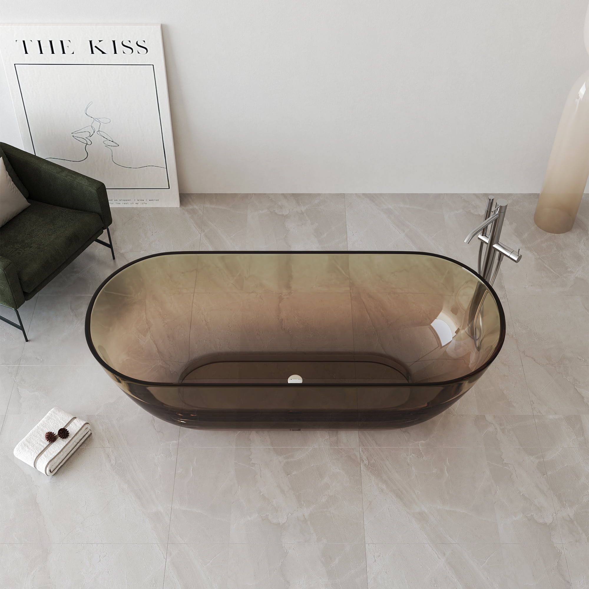 MEDUNJESS 69" Freestanding Solid Surface Resin Stone Bathtub, Modern Soaking Stand Alone Tub with Drain, Sepia