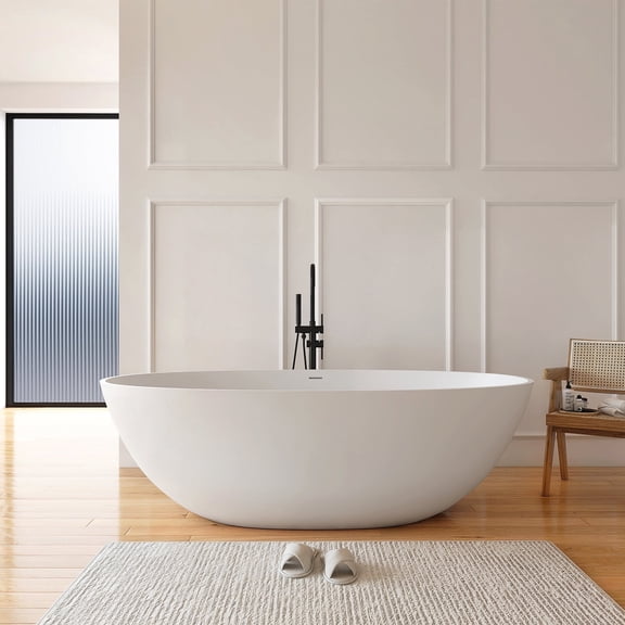 MEDUNJESS 71" Freestanding Solid Surface Resin Stone Bathtub, Modern Soaking Stand Alone Tub with Pop Up Drain and Overflow, Matte White