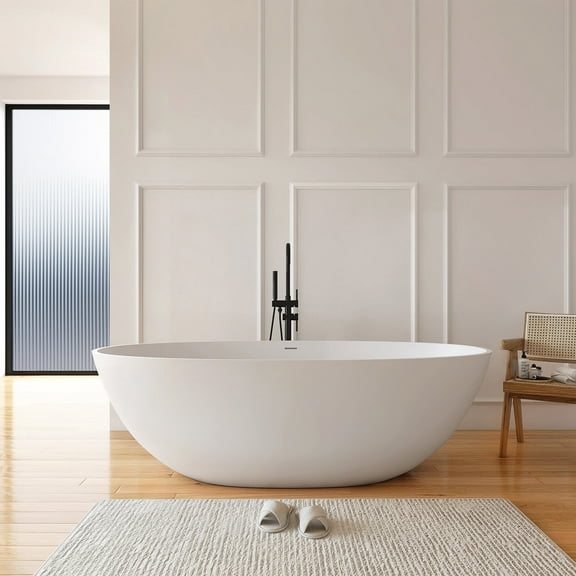 MEDUNJESS 71" Freestanding Solid Surface Resin Stone Bathtub, Modern Soaking Stand Alone Tub with Pop Up Drain and Overflow, Matte White