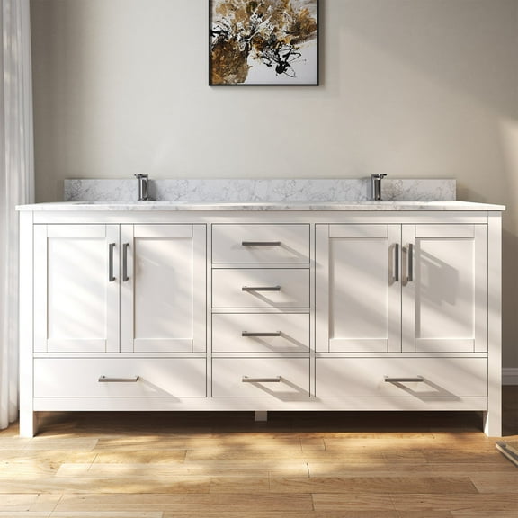MEDUNJESS 72" Modern Bathroom Vanity with Double Basins Sink, Free Standing Vanity Cabinet with Faucet Hole(White)