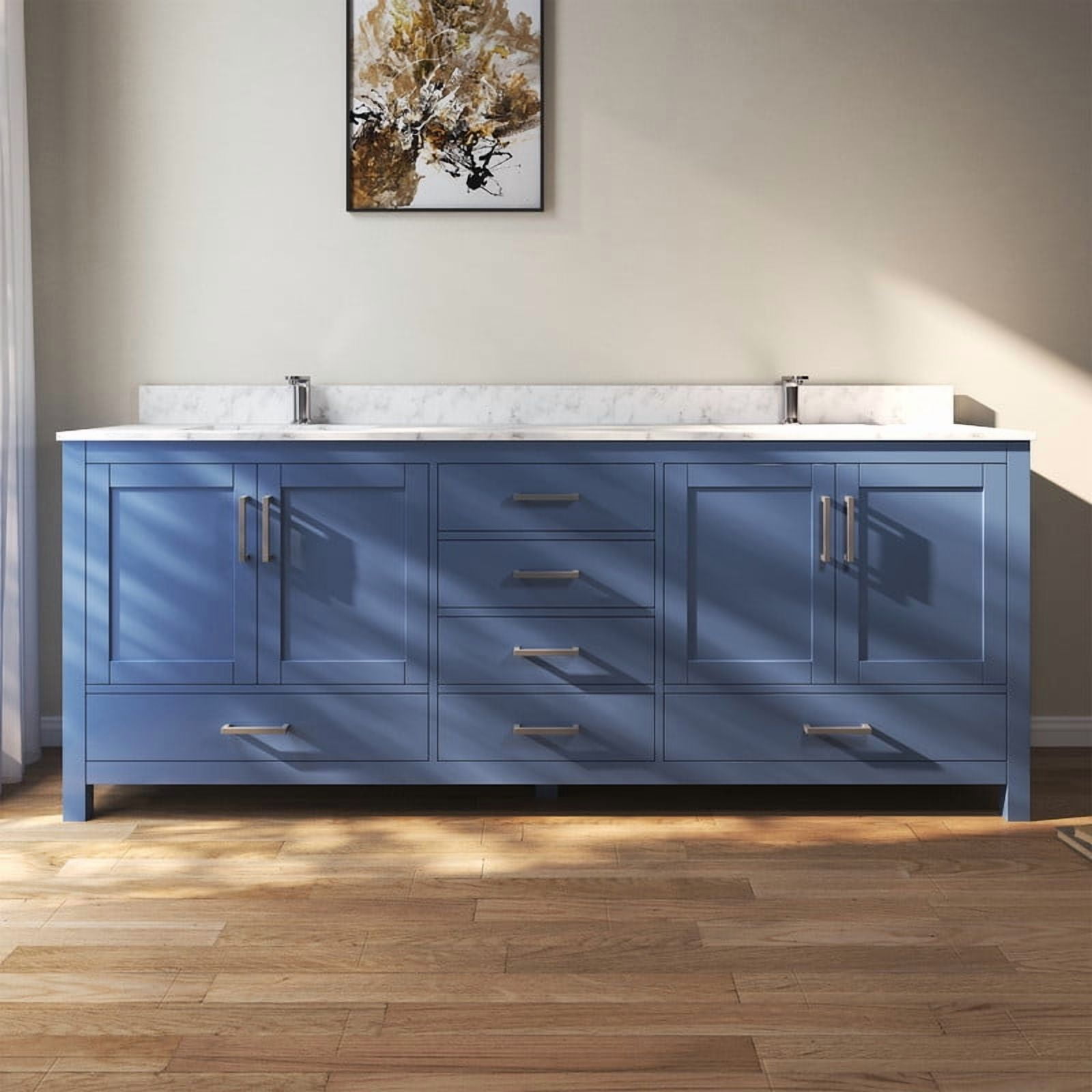 MEDUNJESS 84" Modern Bathroom Vanity with Double Basins Sink, Free Standing Vanity Cabinet with Faucet Hole(Blue)