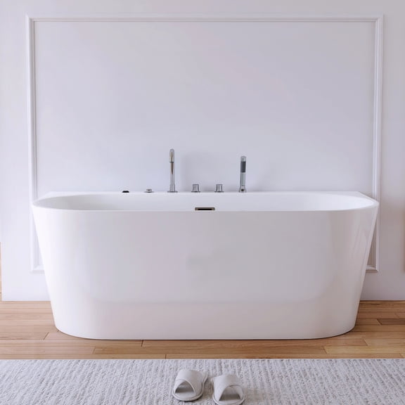 MEDUNJESS Upgraded 63" Freestanding Whirlpool Bathtub with Overflow & Drain System Acrylic Deep White Soaking Tub,Faucet Included