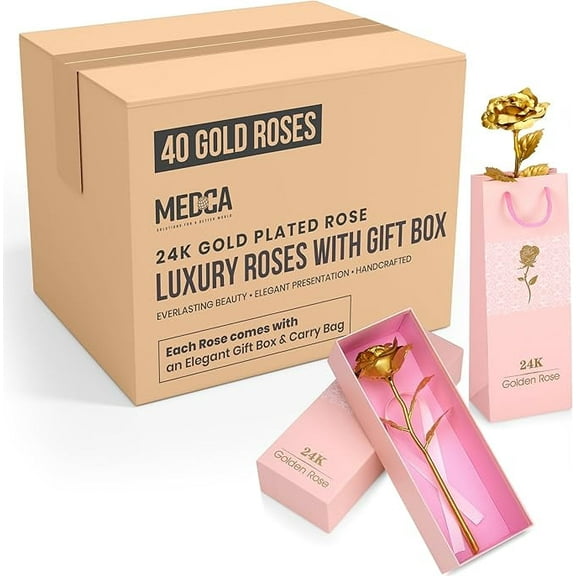 MEDca 24k Gold Rose with Luxury Gift Box - 10-Inch Golden Metal Rose, Eternal Preserved Rose, Perfect Gift for Women, Loved Ones, Mom, Wife, Girlfriend, Valentine's Day, Mother's Day, Bulk Pack of 40