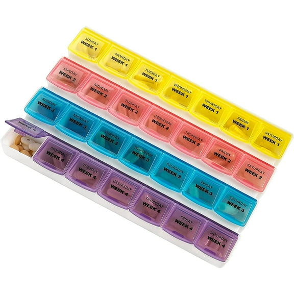 Monthly Pill Organizer - 28 Day Monthly Pill Planner to Separate Pills & Vitamins Week to Week, Travel Medication Reminder Daily Monday to Sunday Compartments