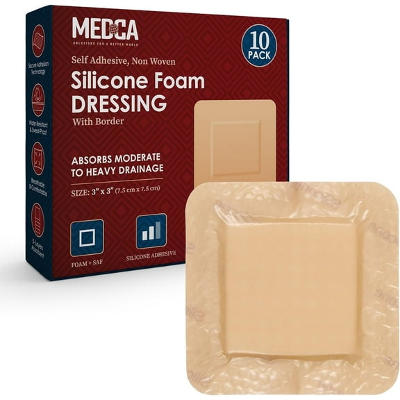 MEDca 3" x 3" Silicone Foam Dressing, Waterproof Adhesive Pads, 10 Pack