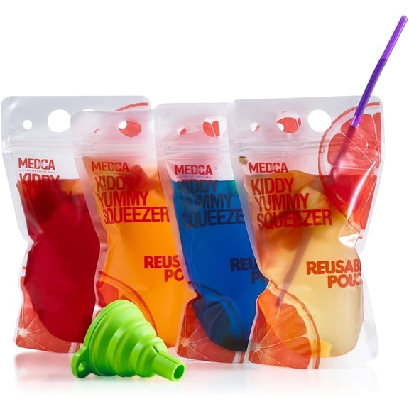 MEDca 30 Clear Drink Bags with 30 Straws - Double Zipper Reusable Smoothie Pouches Juice, BPA Free