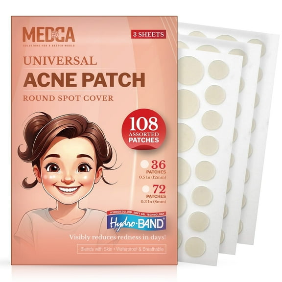 MEDca Acne Pimple Patches - 108 Pcs, 2 Sizes (12mm & 8mm) - Hydrocolloid Absorbing Covers