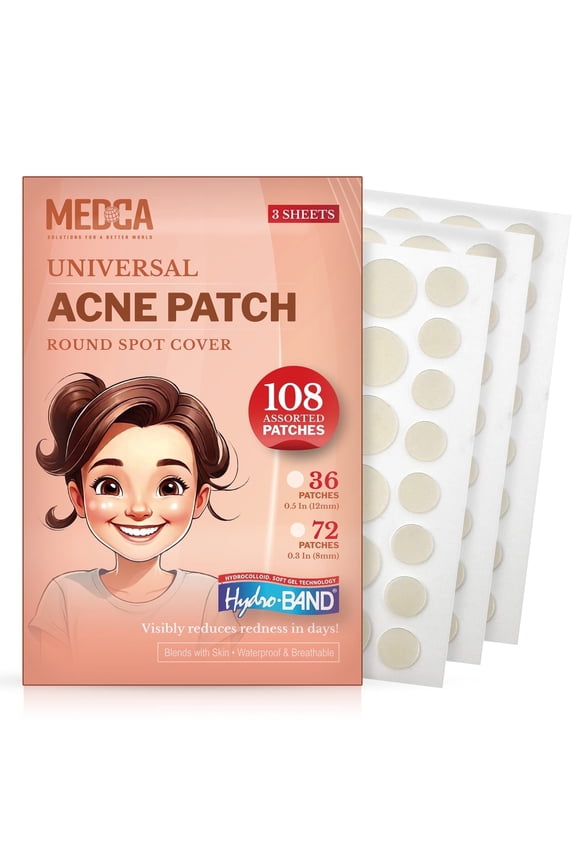Acne Pimple Patches - 108 Pcs, 2 Sizes (12mm & 8mm) - Hydrocolloid Absorbing Covers