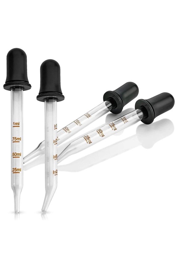 Bent & Straight Tip Calibrated 1 mL Glass Medicine Eye Droppers - 4 Pack