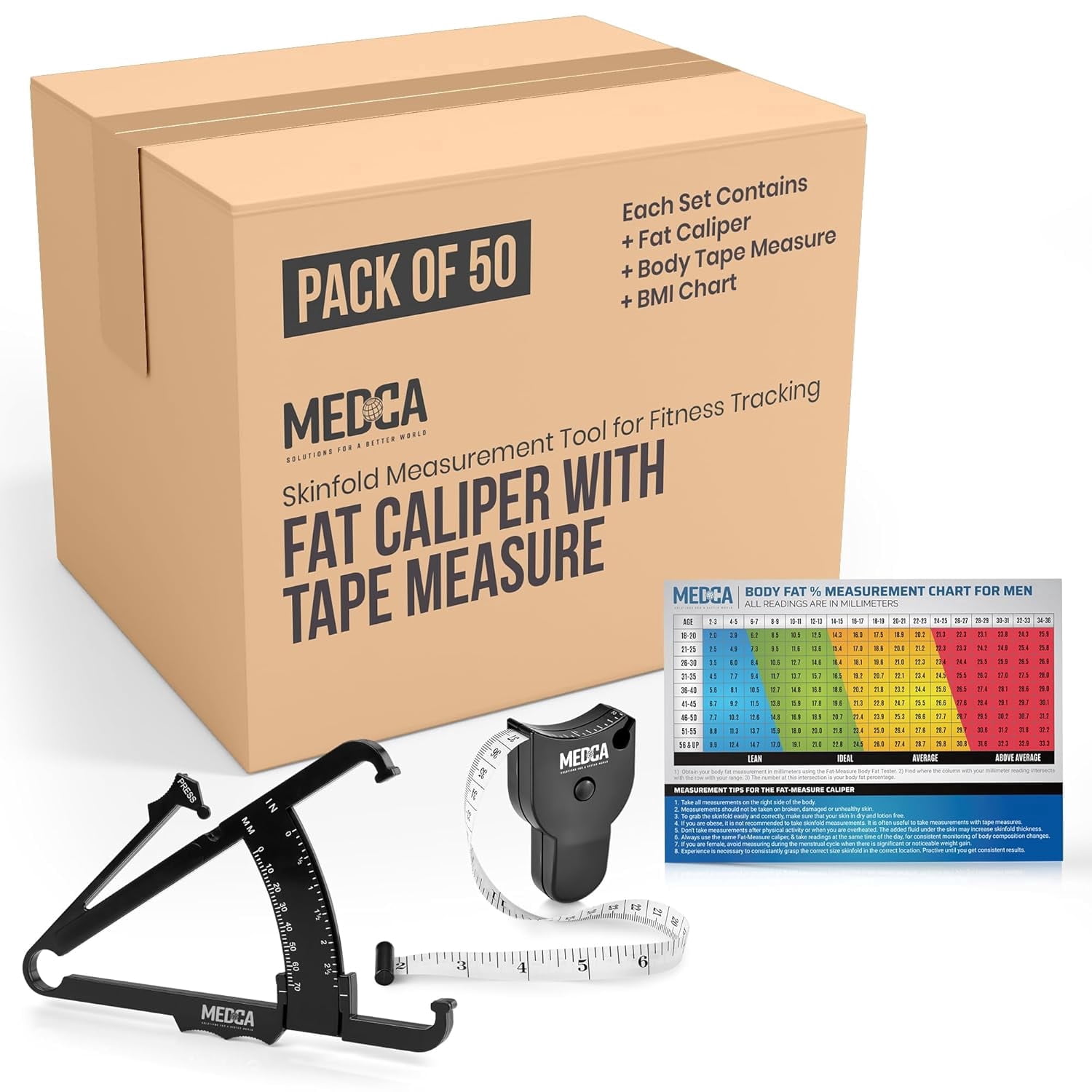 MEDca Body Fat Caliper and Measuring Tape for Body - Skinfold Calipers and Body Fat Tape Measure Tool for Accurately Measuring BMI Skin Fold Fitness and Weight-Loss, (Black, Case of 50)