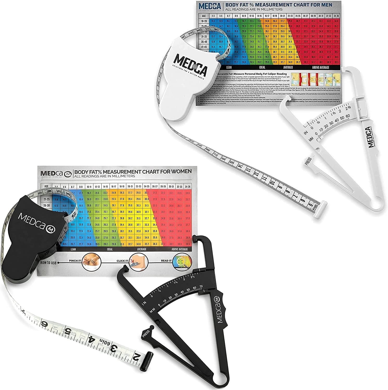 MEDca Body Fat Caliper, Measuring Tape for Body - Pack of 2 Skin Fold Fitness - Plastic, Multicolor