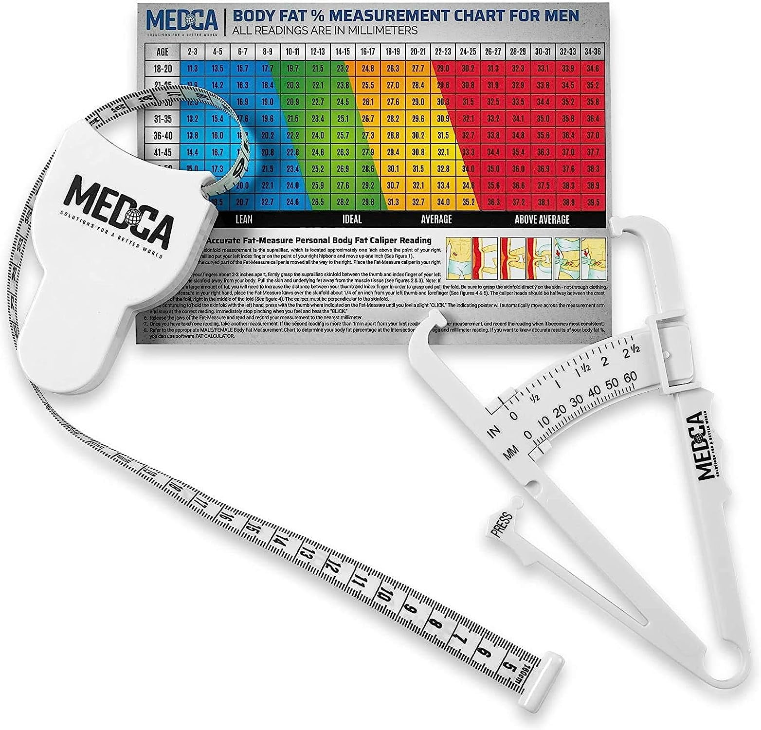 MEDca Body Fat Caliper and Measuring Tape for Body (5.04) Skinfold Calipers  4.72 in
