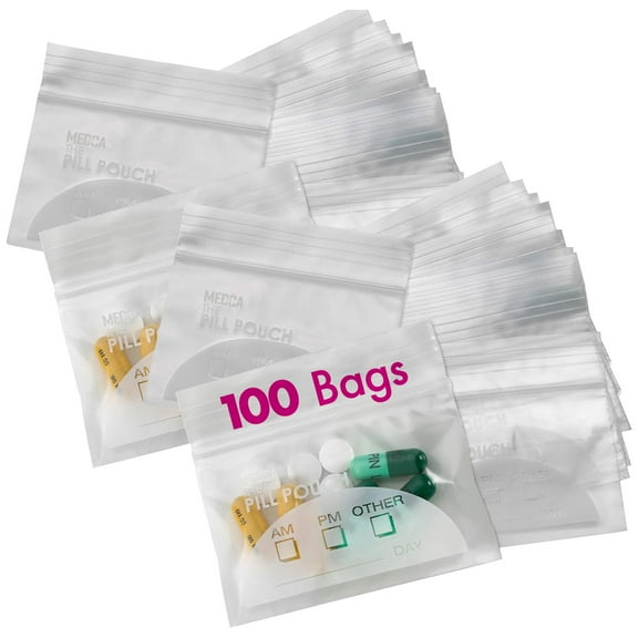 MEDca Daily Pill Pouch Bags P/K 100 Disposable Plastic Travel Pill Baggies