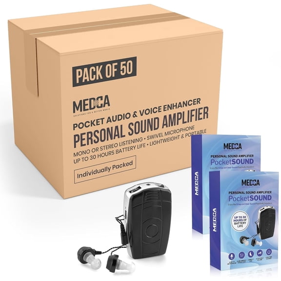 MEDca Digital Personal Sound and Voice Amplifier - Pocket Sound with Single Ear and Double Ear Headphone Earbuds with Wired Connectivity Technology for Adults - Black (Case of 50)
