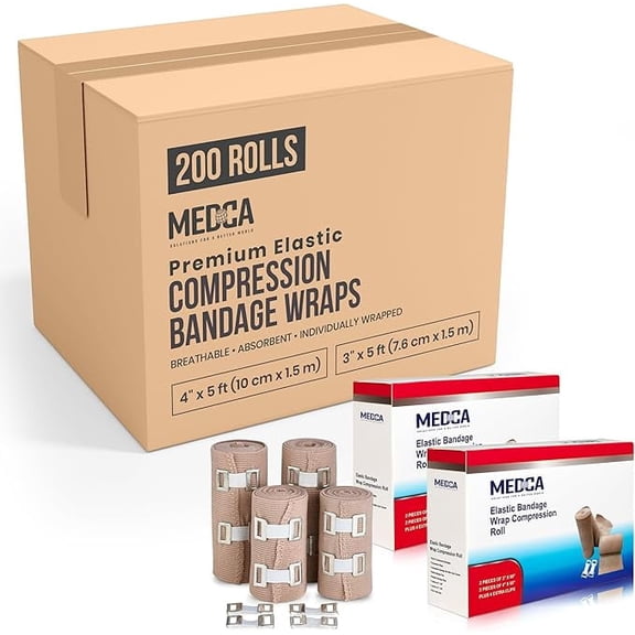 MEDca Elastic Compression Bandage Wrap (Set of 200) with Hooks - 2" x 5 Ft (100 Rolls) & 3" x 5 Ft (100 Rolls) - Reusable Athletic Support Tape for Sprains & Injuries