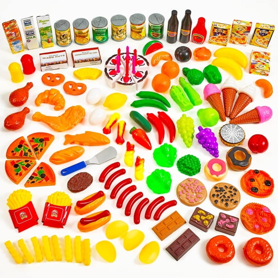 MEDca Kids Play Food Set - 130 Piece Pretend Play Food Collection - Assorted Fake Food Set