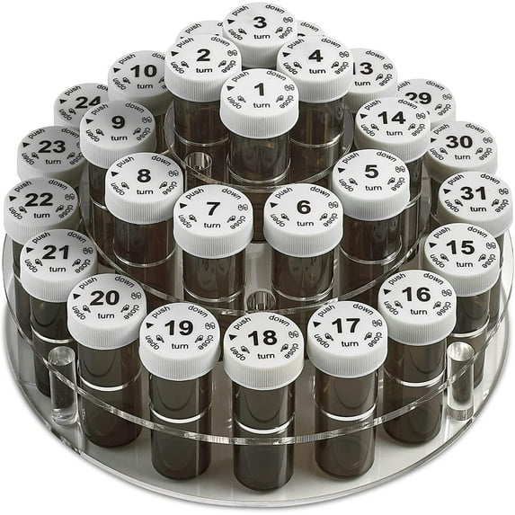MEDca Monthly Pill Bottle Organizer - 31 Child-Proof Bottles, Acrylic Base
