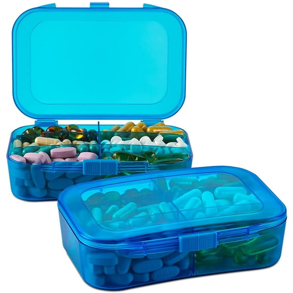 Pill Organizer Case - (Pack of 2) Portable 6 Compartment Daily Travel Medicine Reminder Box for Your Pills, Medications, Supplements, Vitamins and Fish Oils, Blue