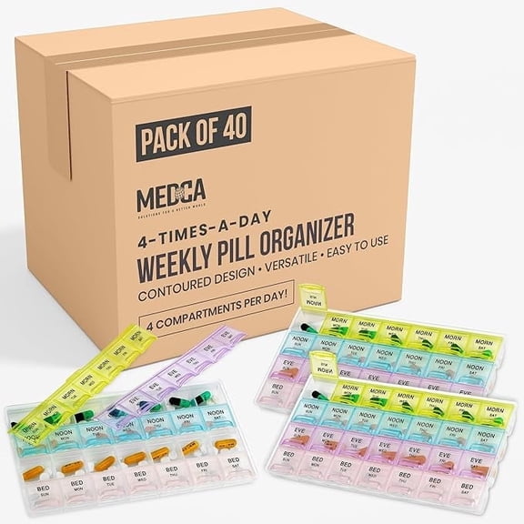 MEDca Pill Organizers (40-Pack) with Weekly & Daily 4-Times-A-Day Compartments, BPA-Free, Travel-Friendly Case for Vitamins & Medication, Portable Pill Box