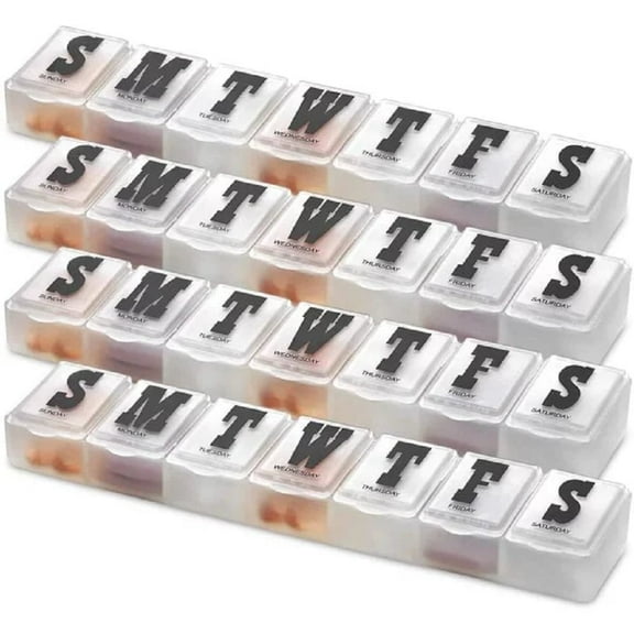 Pill Organizers - Pack of 4 Bold Letter Weekly Pill Planners for 28 Days Total to Separate Supplements, Fish Oils & Vitamins Daily Medication Reminder for Travel & Purse
