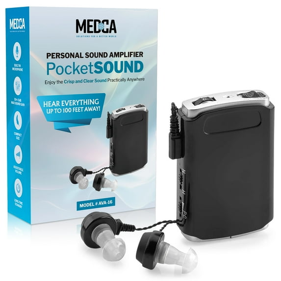 Sound Amplifier - Pocket Sound Voice Enhancer Device with Duo Mic/Ear Plus Extra Headphone and Microphone Set, Personal Hearing Amplifier Device by MEDca