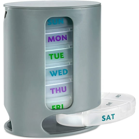 MEDca Weekly Pill Organizer, 1 Dispenser, 7 Stackable Compartments Four Times-a-Day - Morning, Noon, Evening, and Bedtime, Grey