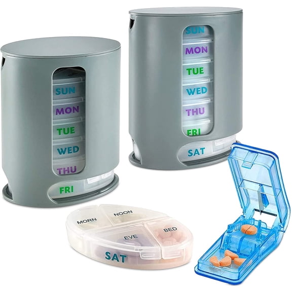 MEDca Weekly Pill Organizers with Grey Pill Cutter, Plastic, Daily, 2-Pack